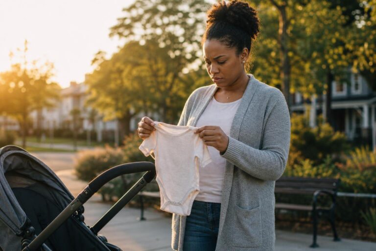Concerned mother inspects a knit baby bodysuit while considering baby rashes.