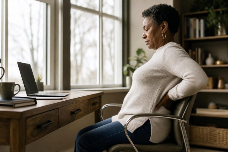 Older woman reclines slightly in a desk chair, holding her lower back after sitting upright.