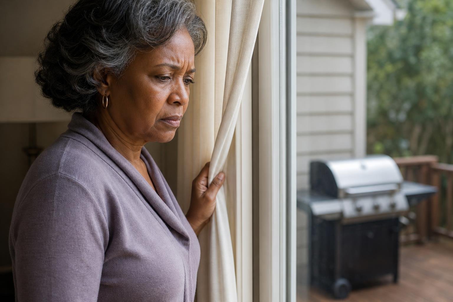 Concerned woman spots a grill placed too close to her deck, an overlooked backyard health risk.