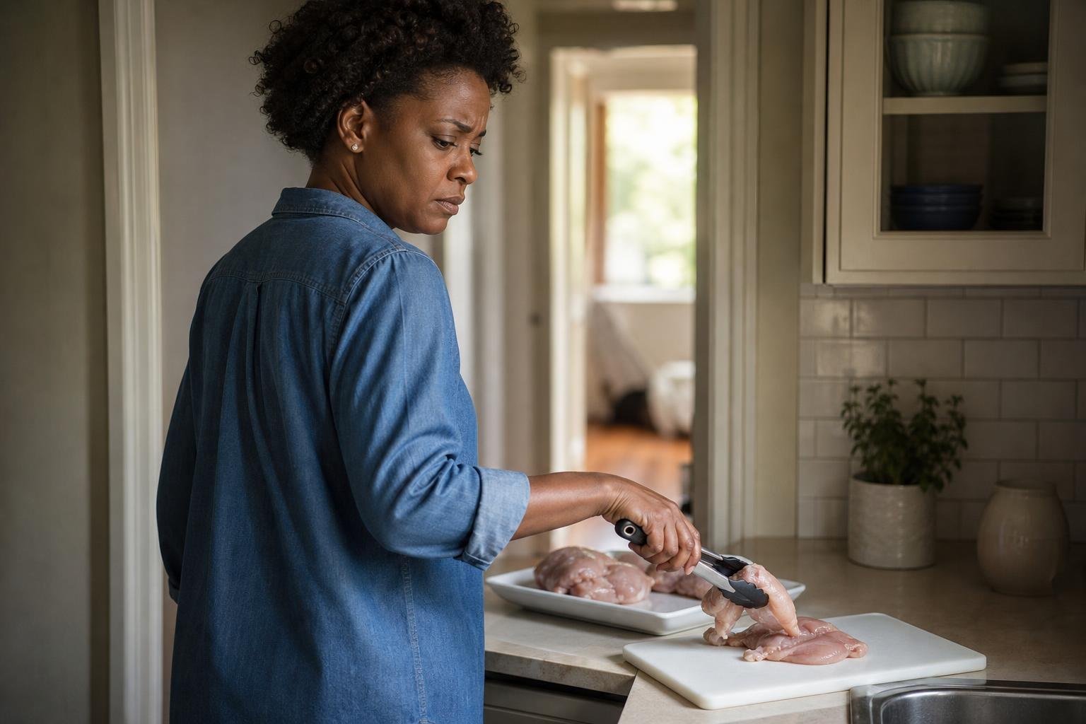 Woman carefully handles raw chicken over bacteria concerns in a morning kitchen.
