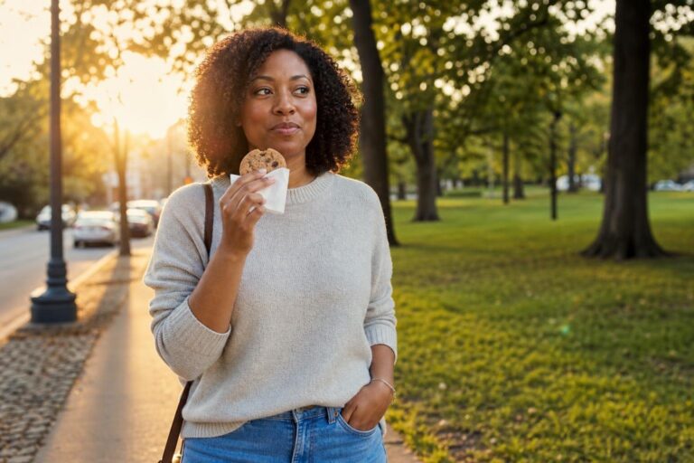 A woman enjoys a small cookie while walking, showing how bad foods can fit weight loss.