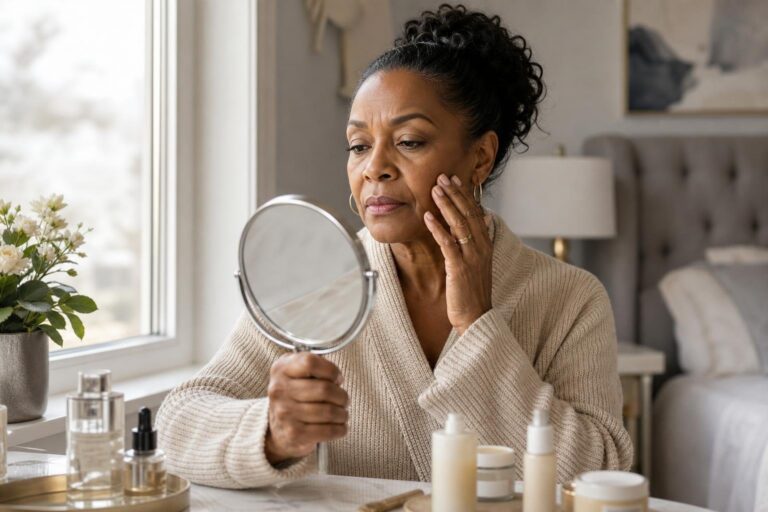 A mature Black woman considers her beautiful skin routine at a window-side bedroom vanity.