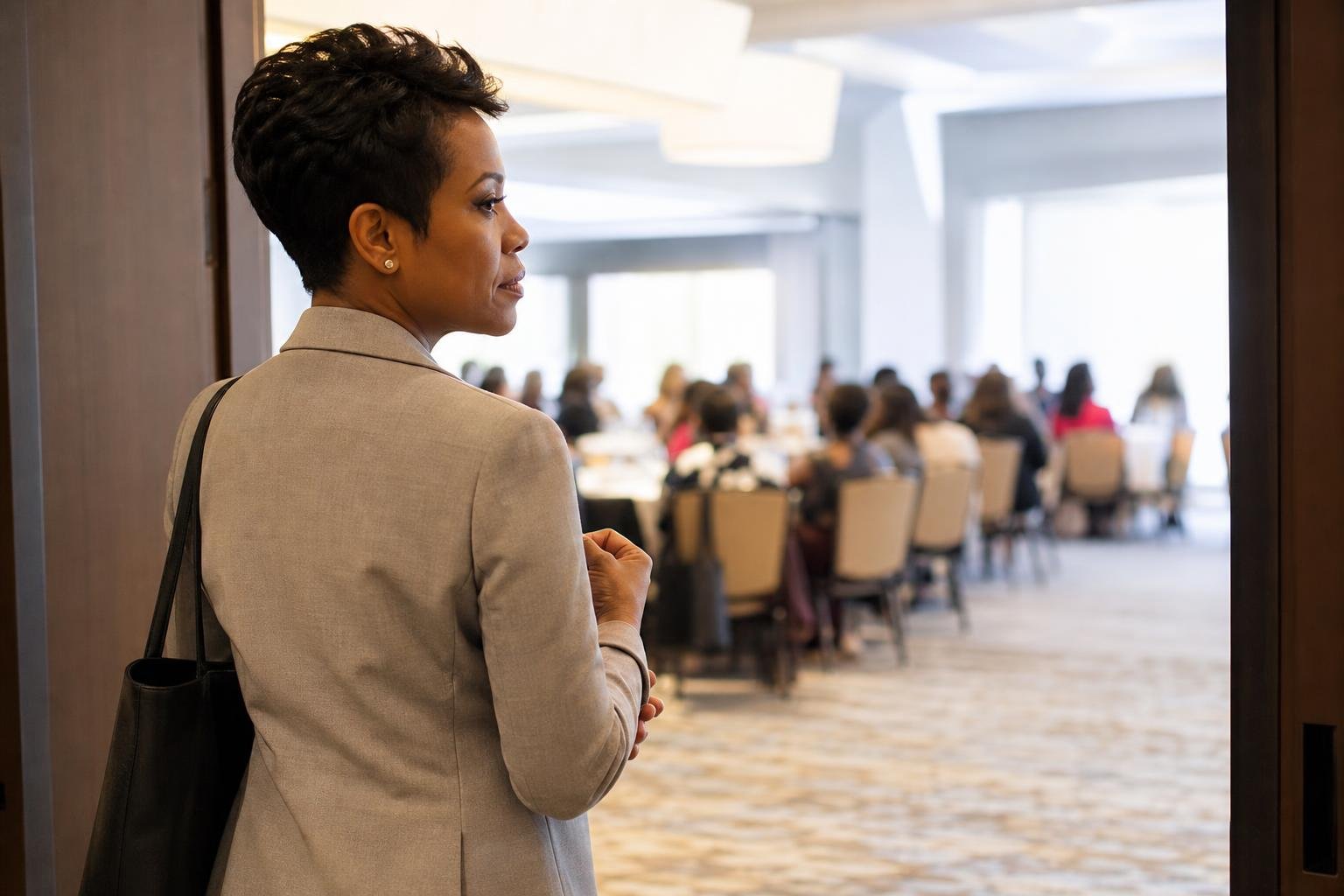 Black woman arrives for the Beautiful Woman Inside and Out tour at a Charlotte hotel.