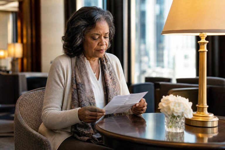 A concerned older Black woman sits at a Chicago hotel table with a paper for the Beautiful Woman Inside and Out Tour.