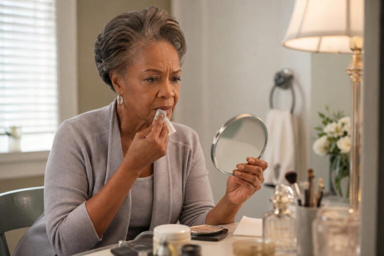 Older woman uses a tissue to prevent lipstick smudges, a quick fix for beauty mistakes.