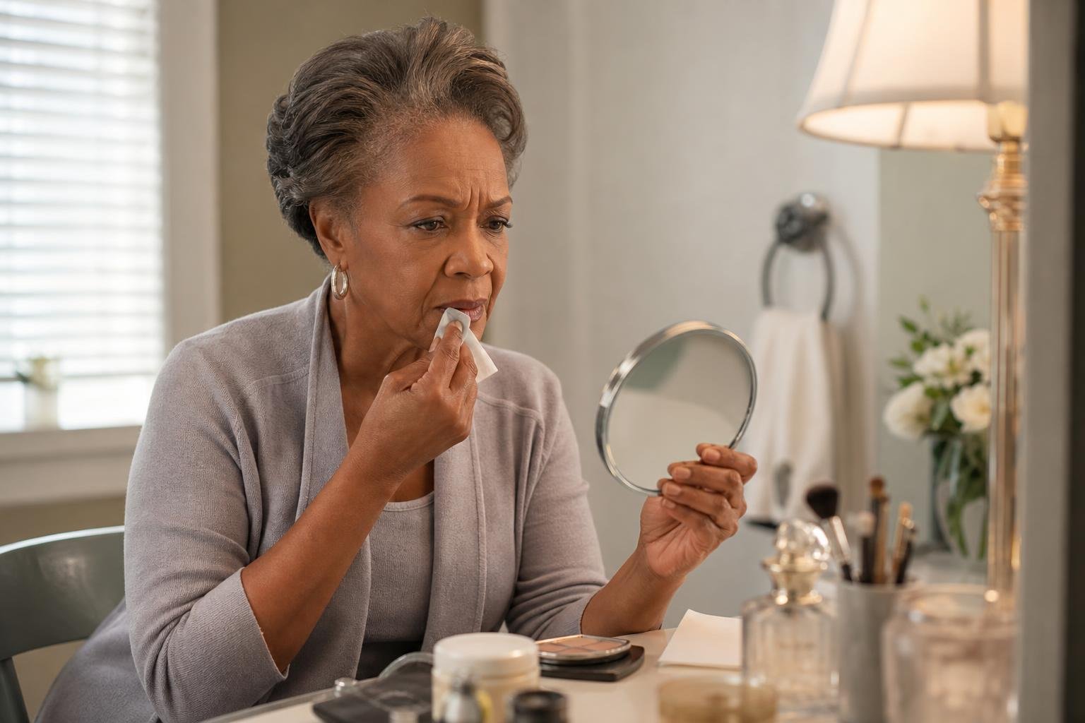 Older woman uses a tissue to prevent lipstick smudges, a quick fix for beauty mistakes.
