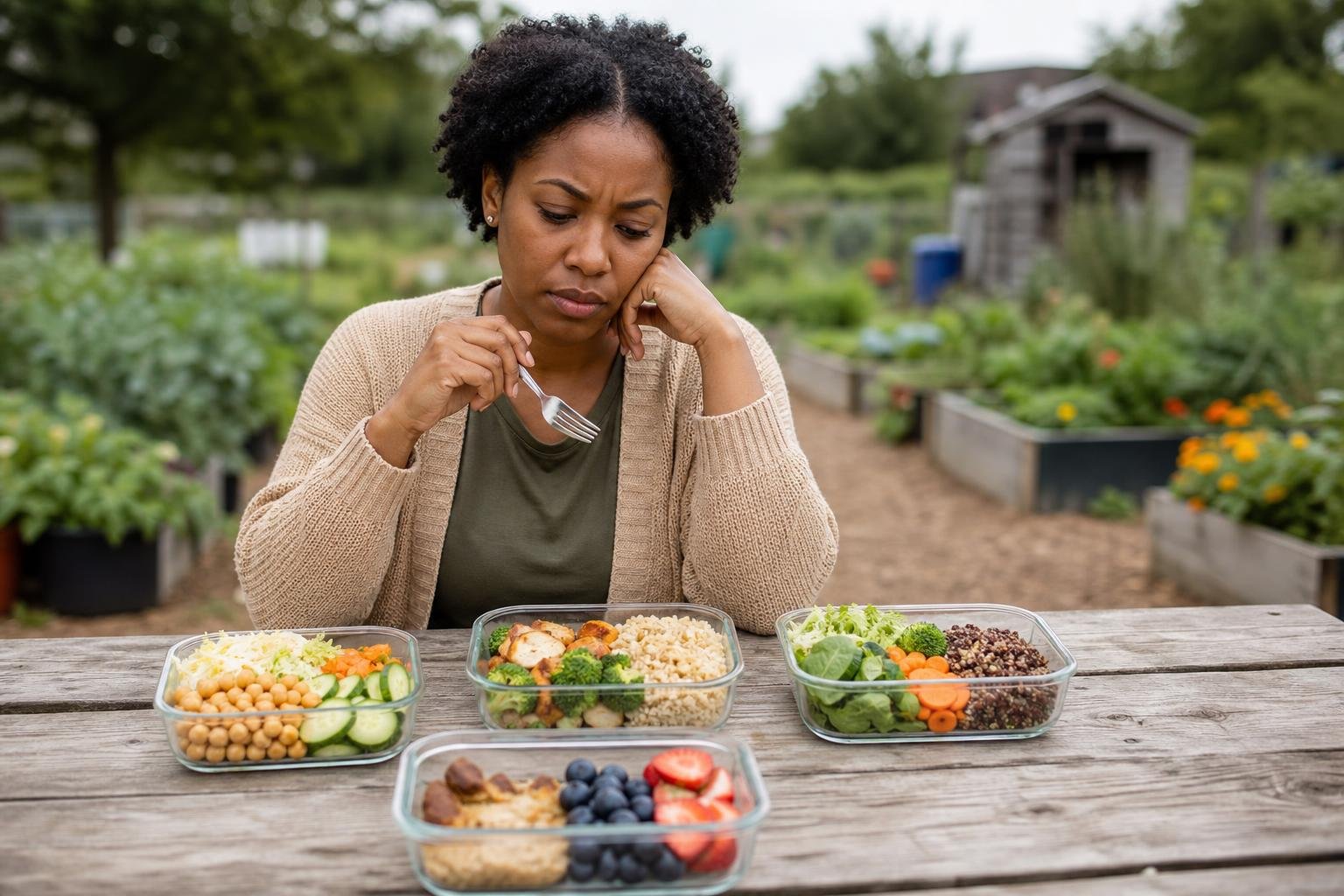 Black woman thoughtfully compares healthy lunch portions while choosing the best diet plan outdoors.