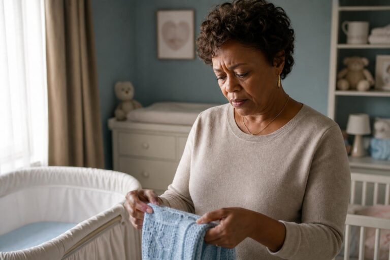 Concerned Black woman folds a blue baby blanket after Beyoncé gives birth to a baby girl.