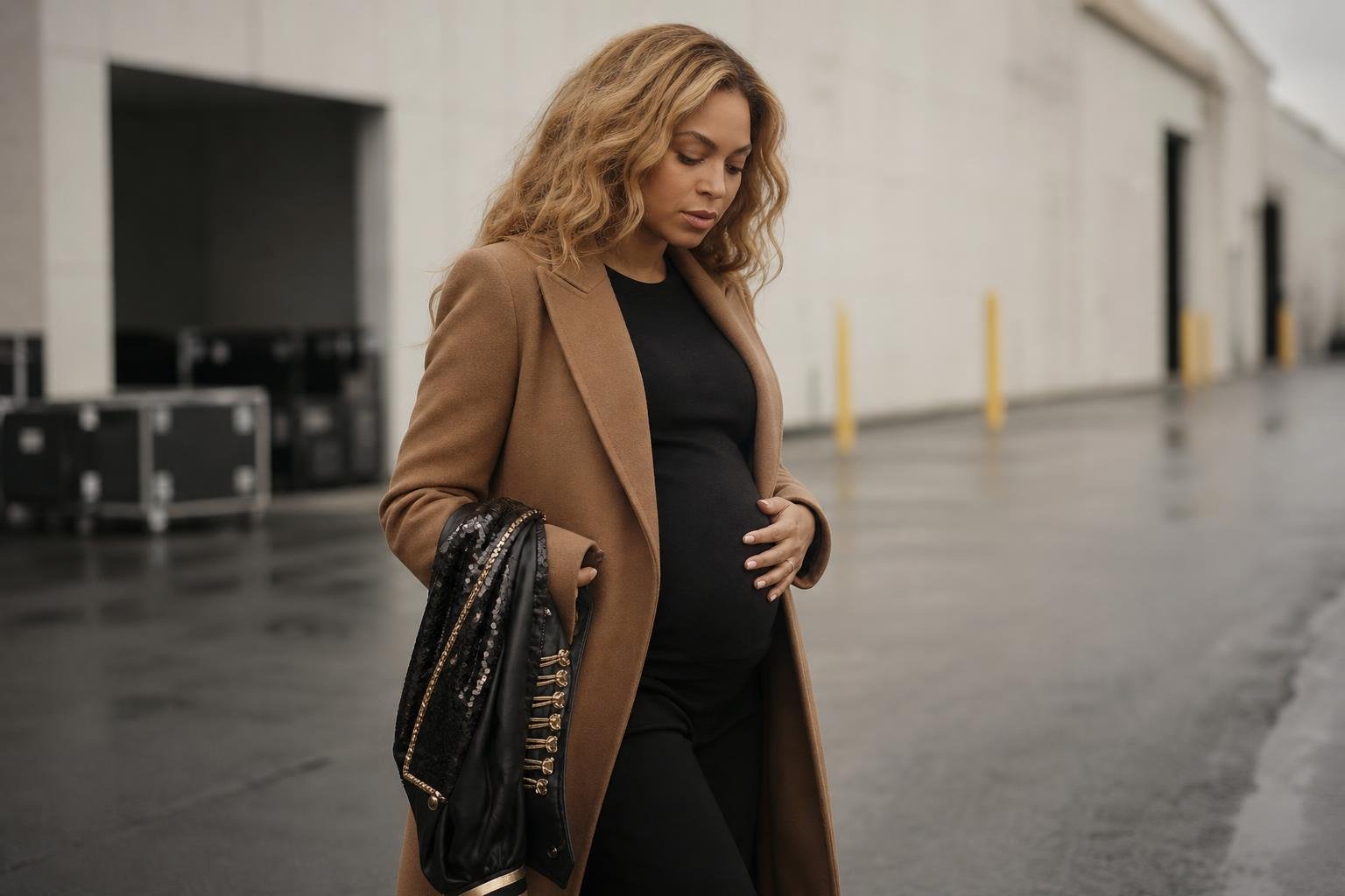 Beyoncé pauses outside a rehearsal venue during her first trimester pregnancy.