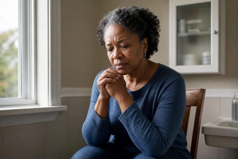 Concerned older woman considers how medication may affect birth control near a bathroom window.