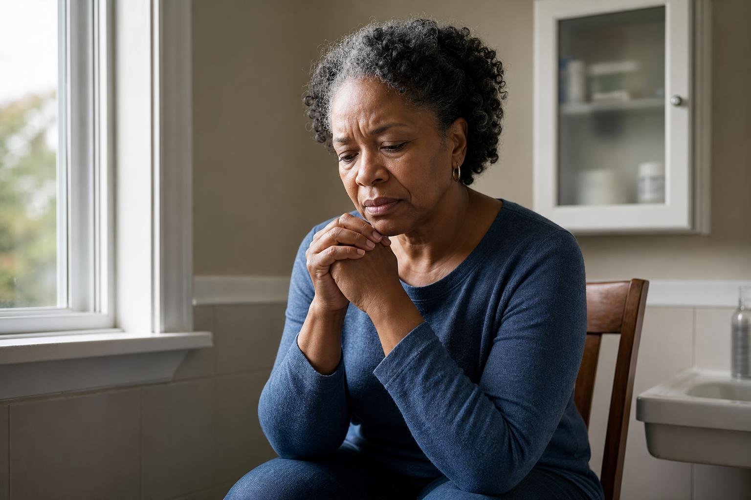 Concerned older woman considers how medication may affect birth control near a bathroom window.