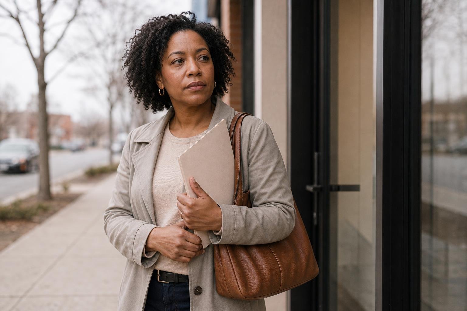 Black woman in her thirties considers birth control options outside a health clinic.