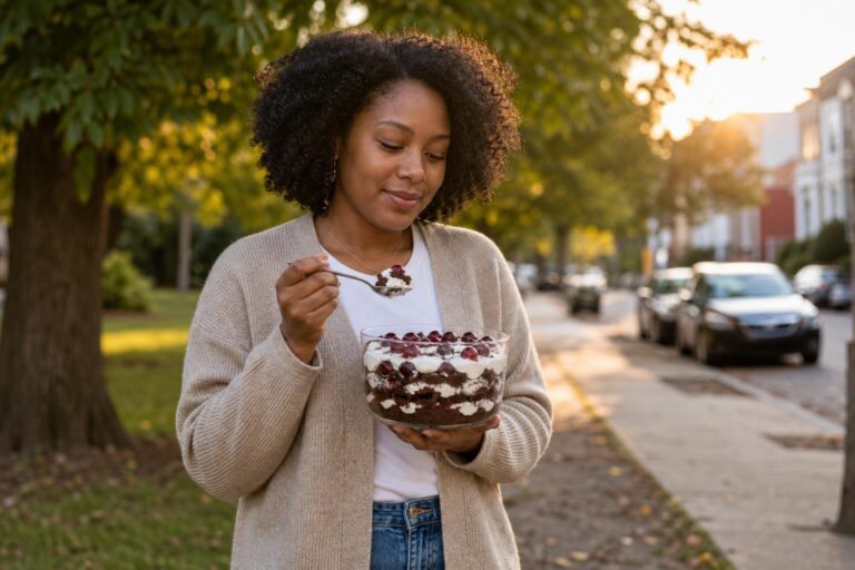 Black woman holds a bowl of Black Forest trifle beside a neighborhood park at sunset.