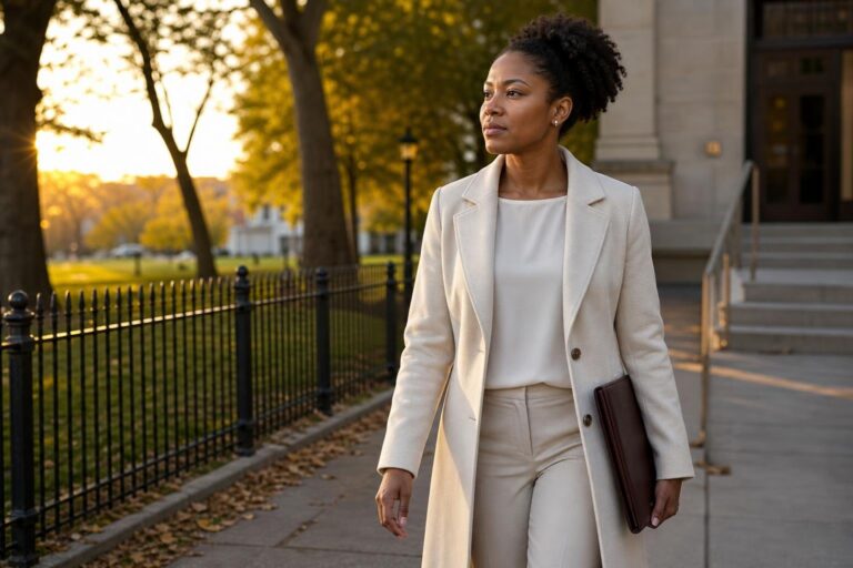 Black health advocate walks beside a neighborhood park carrying a folder at golden hour.