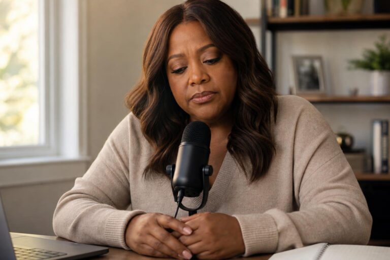 Black woman records a personal reflection about Black infertility at her home desk.