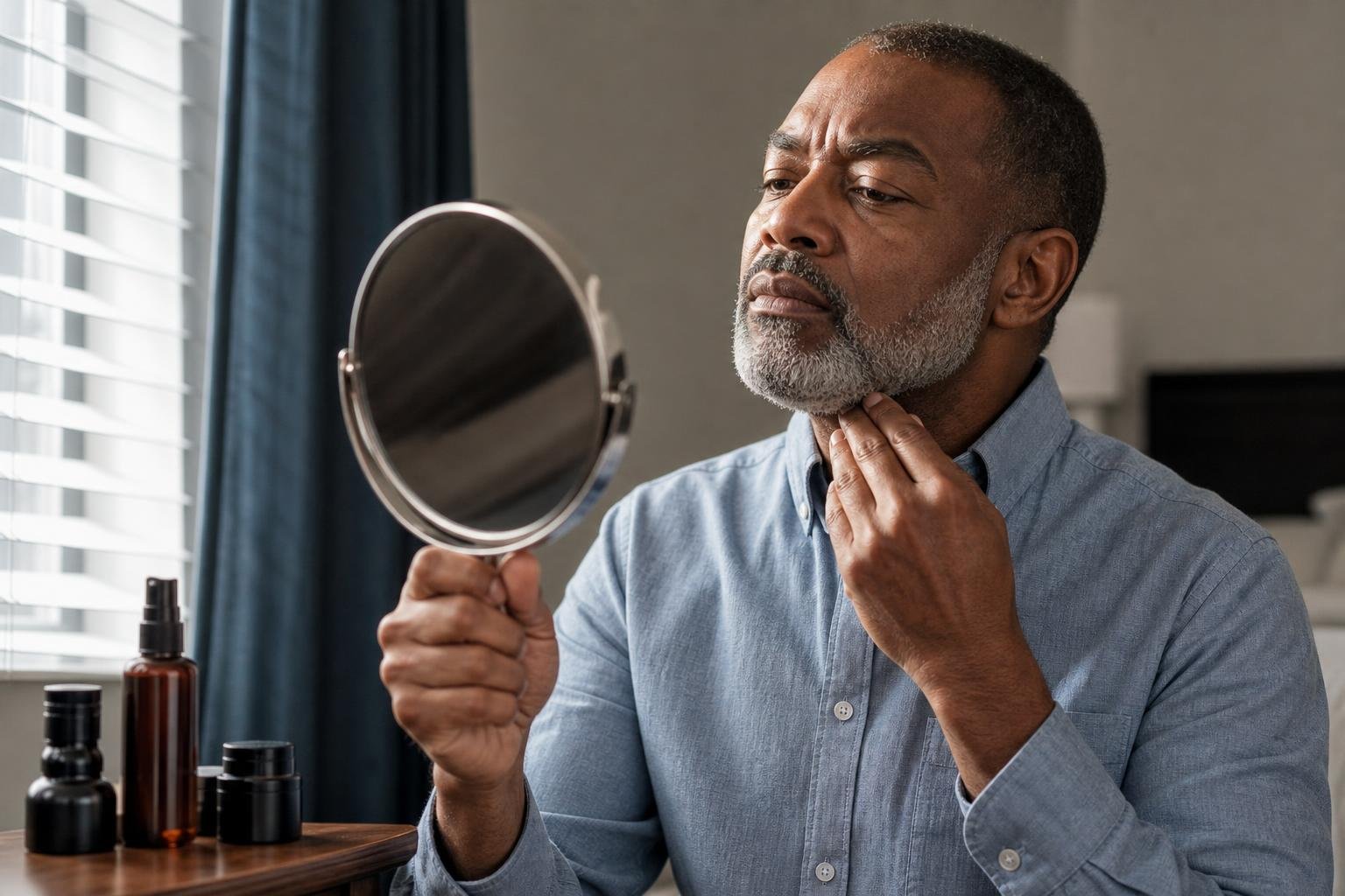 Black man checking his beard line and hair in a mirror for skin and hair care concerns.