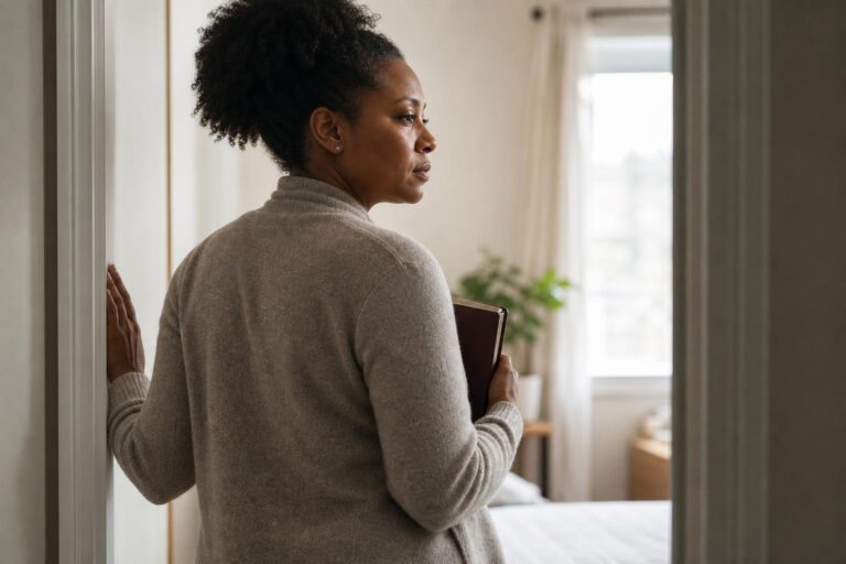A Black woman pauses in a hallway doorway, reflecting on Black women mental health.