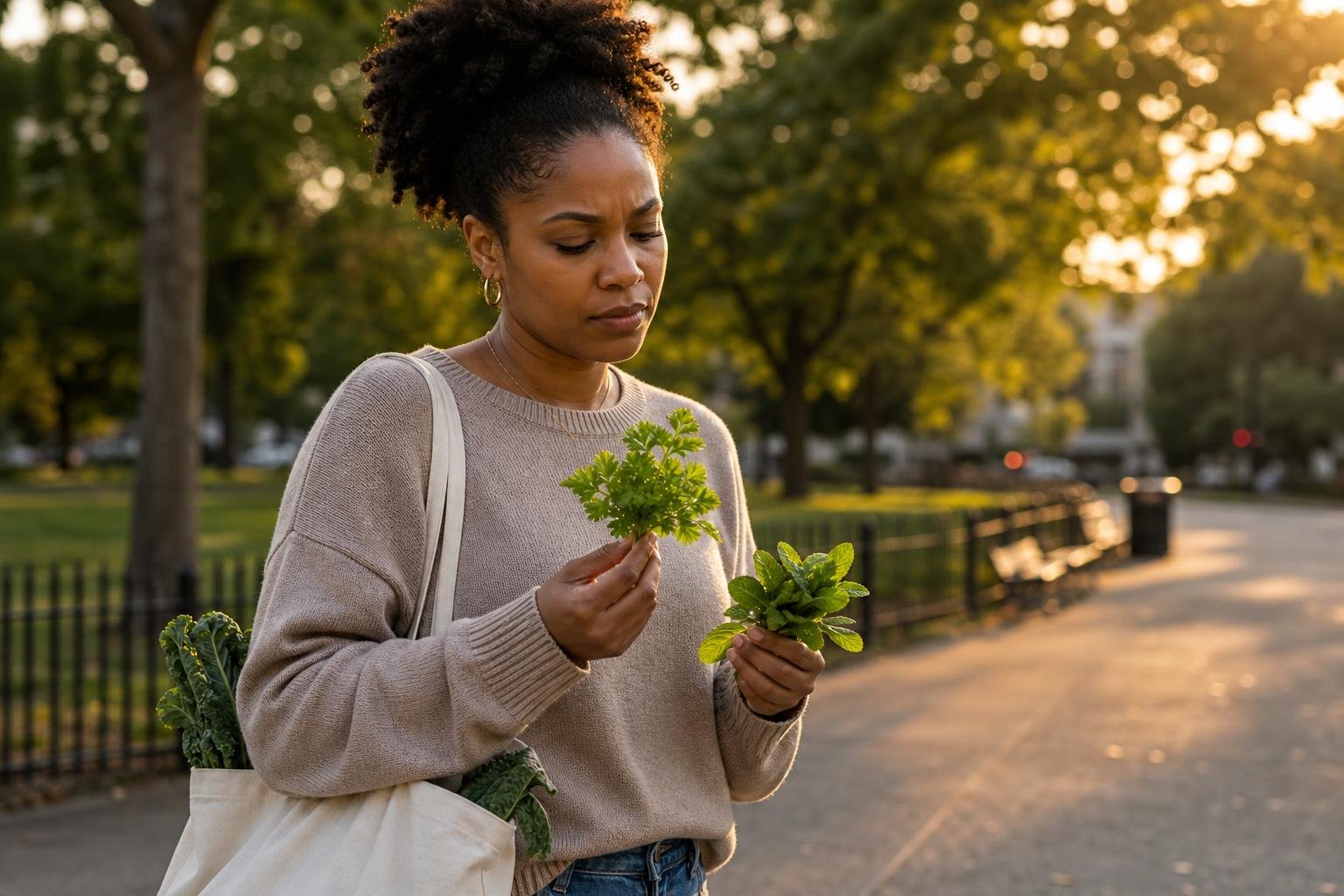 Woman holding fresh herbs on a walk as a food fix for body odor.