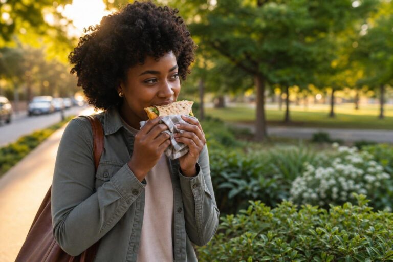 Woman enjoying a vegetable and egg breakfast quesadilla beside a neighborhood park.