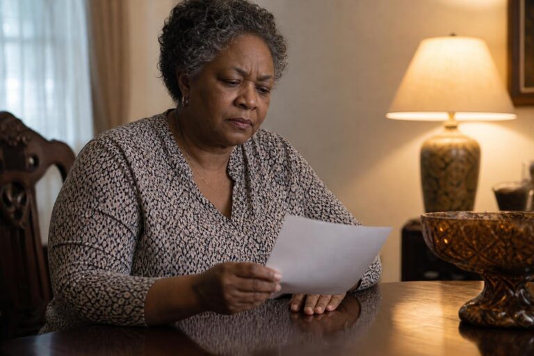 A concerned older Black woman considers breast cancer and obesity risk at her dining table.