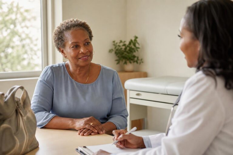 Black woman over 50 discusses breast cancer prevention with her clinician in a calm office.
