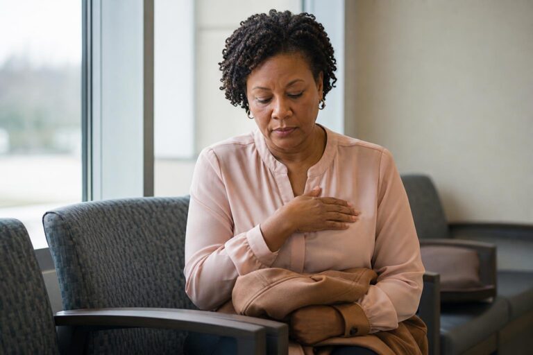 Black woman waits quietly in a clinic before a breast cancer screening appointment.