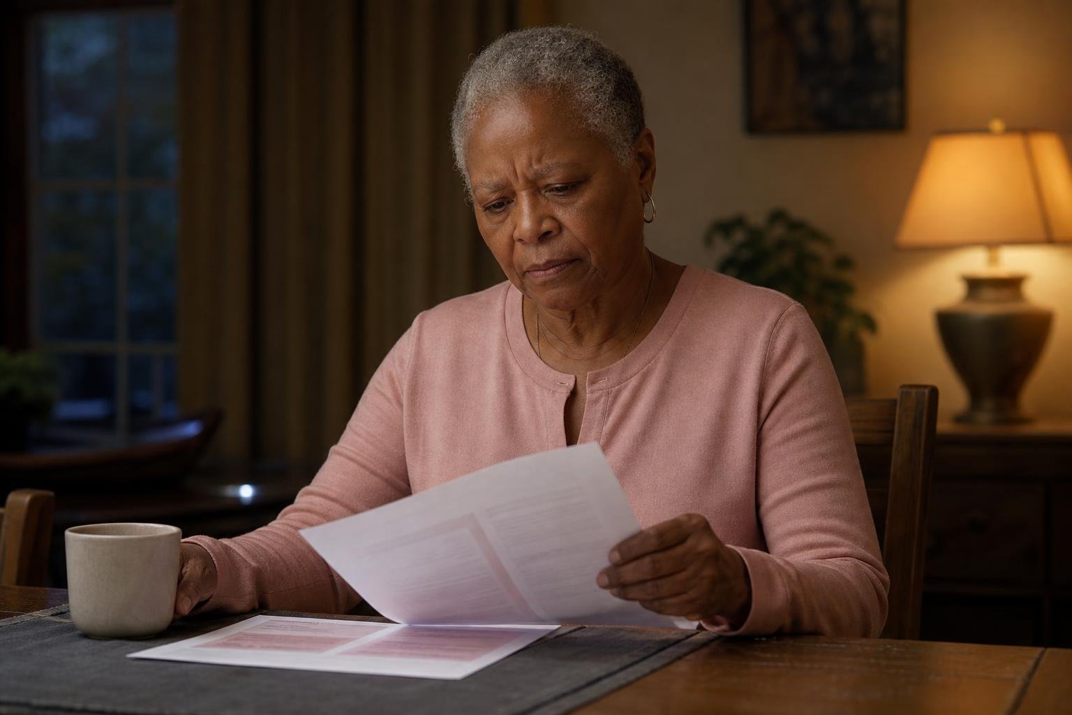 Older Black woman reviews breast cancer survival rate information with concern at home.