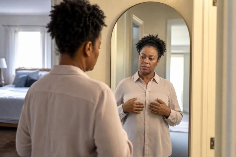 Over-the-shoulder view of a woman considering breast changes in a sunlit hallway mirror.