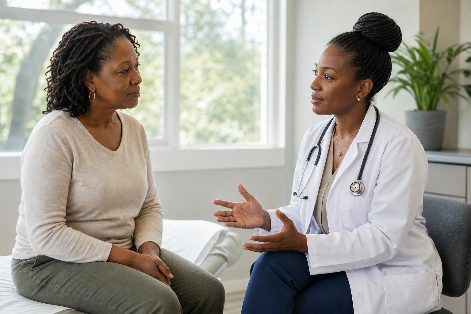 Black woman discusses breast thermography options with her doctor in a sunlit clinic.