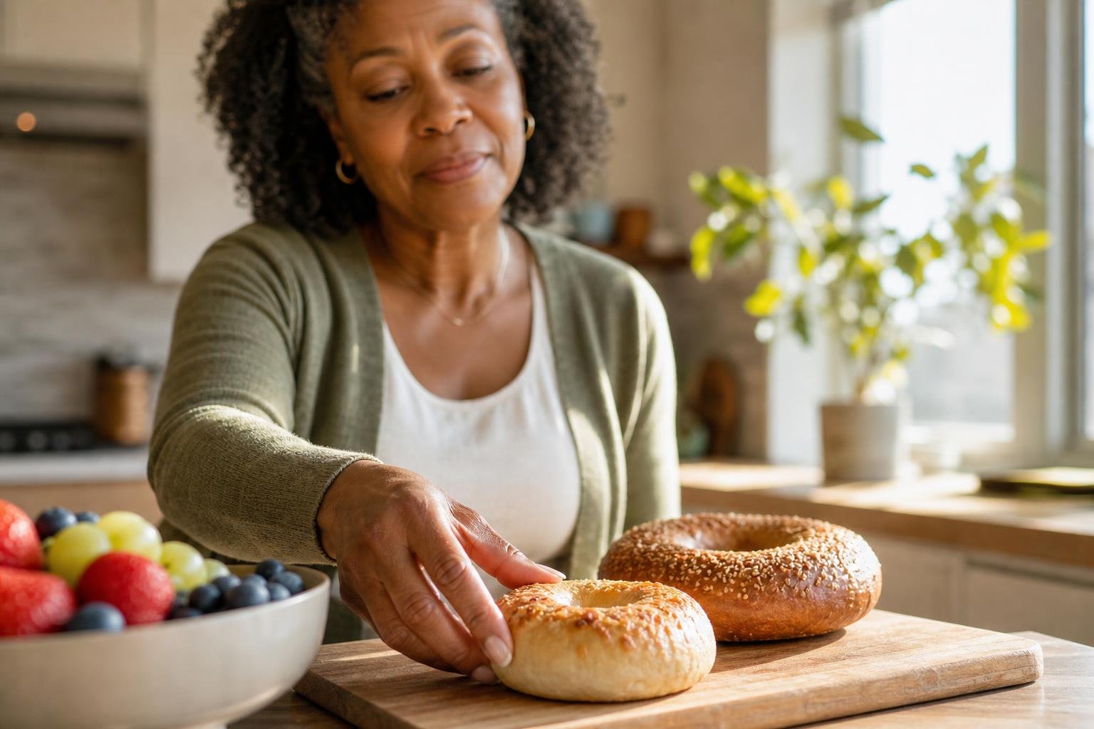 Black woman choosing a bialy and fruit for a calorie-cutting breakfast snack.