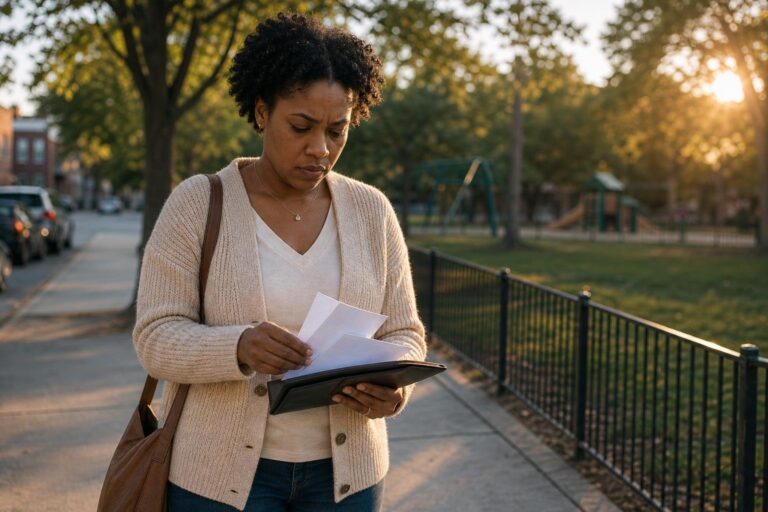 Young Black woman organizes cancer care expenses with a wallet and envelopes at a park edge.