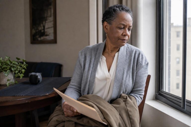Older Black woman reflects by a window while preparing for cancer care amid health disparities.