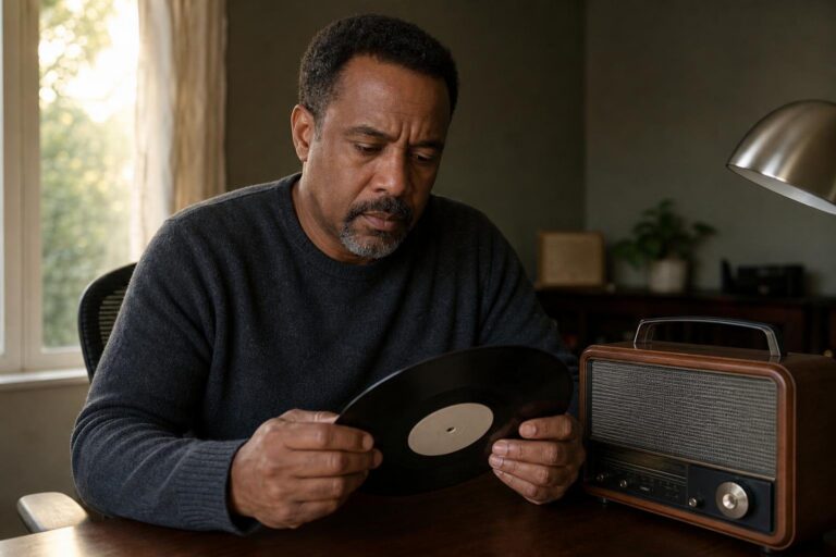 Concerned Black man holds a vinyl record after news of cancer surgery complications.
