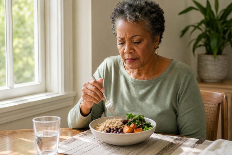 An older Black woman considers healthy carbs in a balanced bowl by a bright kitchen window.
