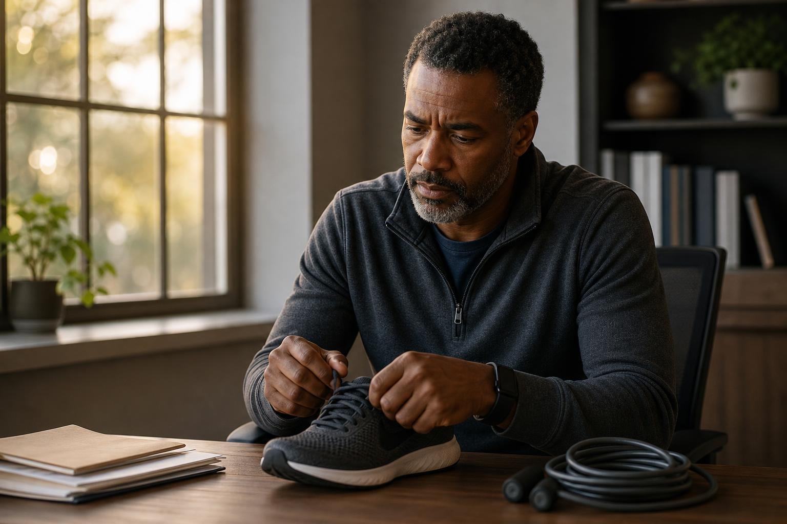 A middle-aged Black man laces running shoes at his desk while considering how much cardio he needs.