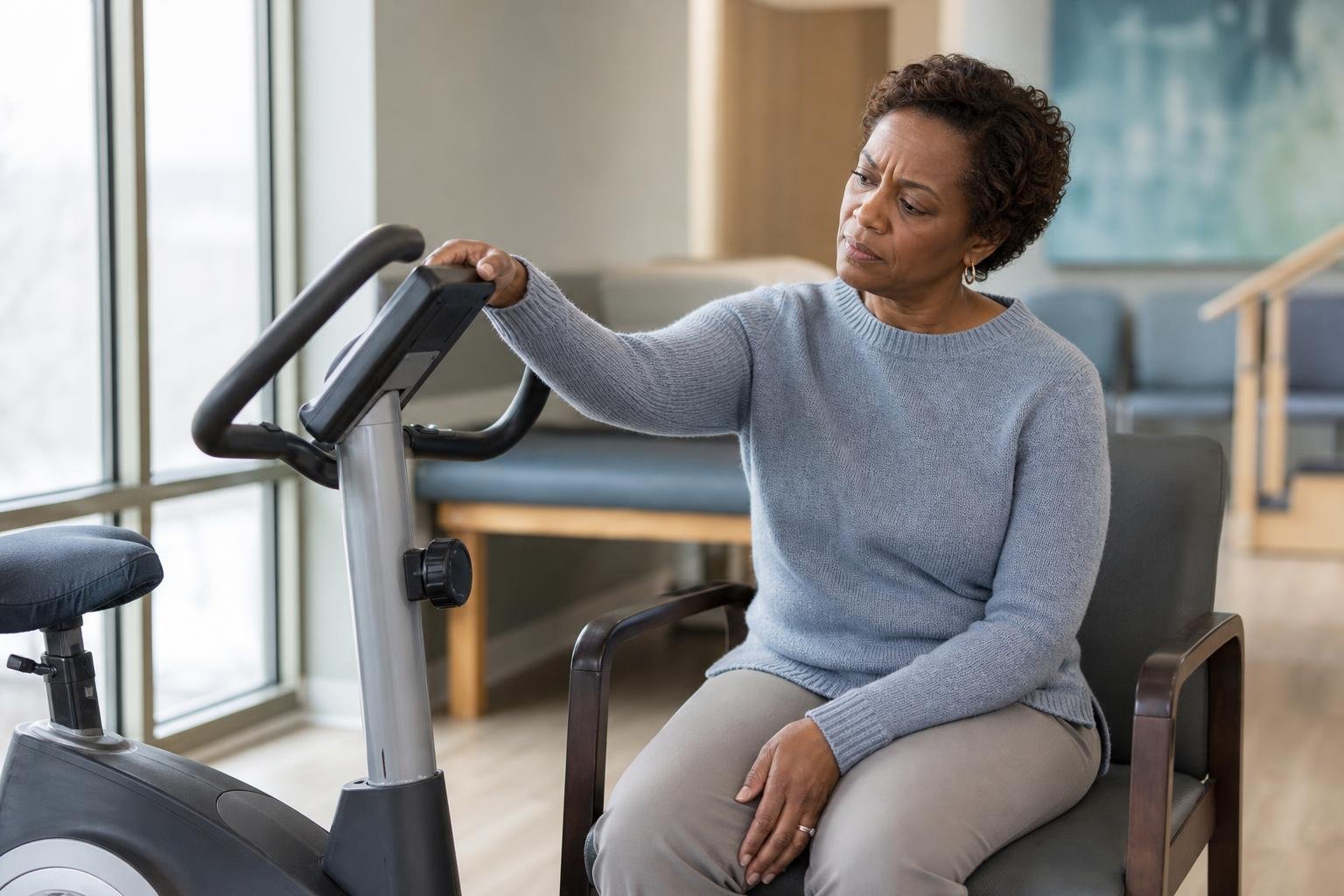 Woman considers stationary bicycle cardio equipment in a clinic waiting area.