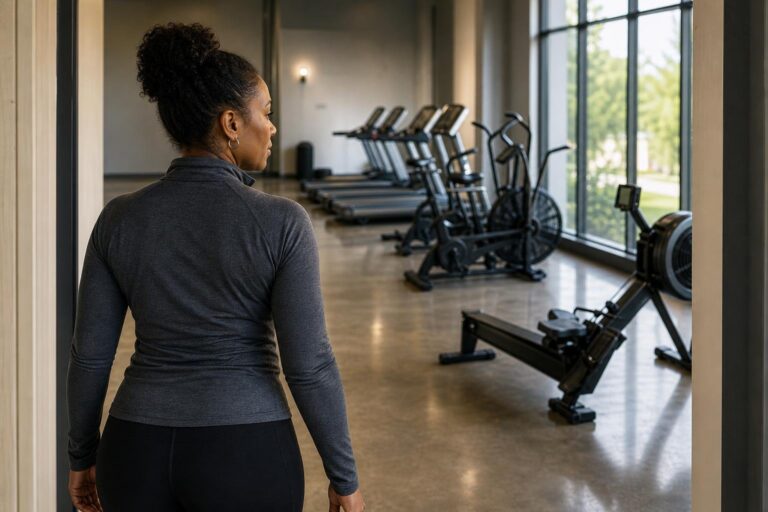 Over-the-shoulder view of a woman choosing cardio machines in a gym for a leaner body.