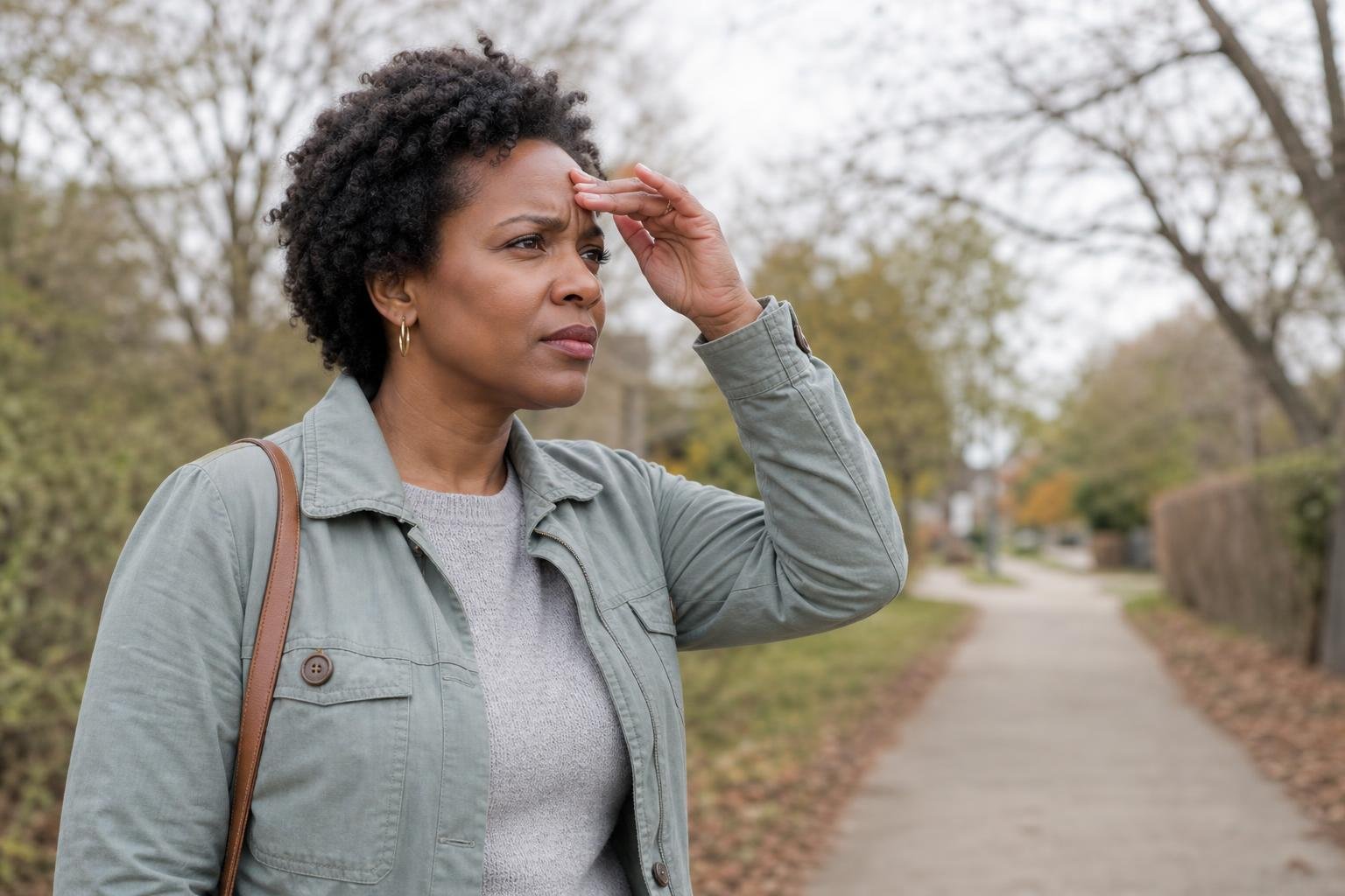 Black woman outdoors shielding one eye while experiencing blurred vision from cataract concerns.