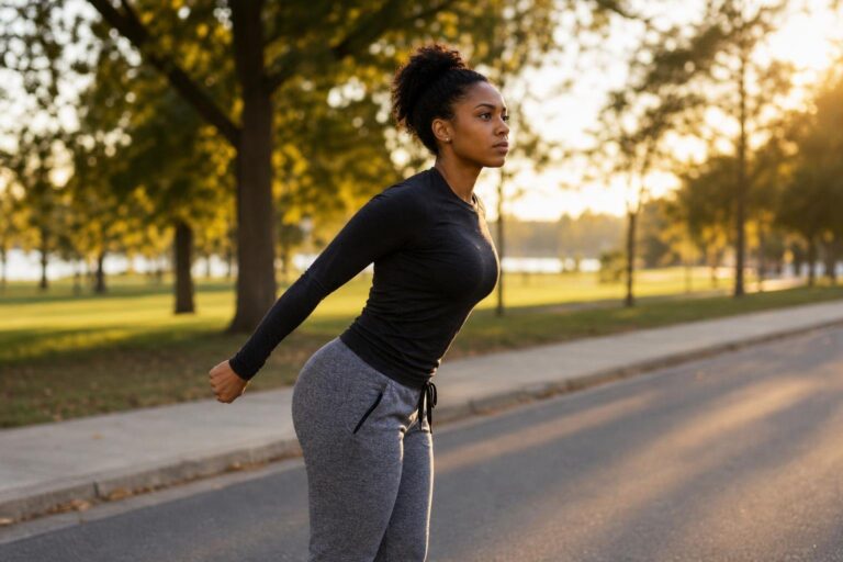 Black woman practices a no-equipment triceps move during a celebrity workout tips routine.