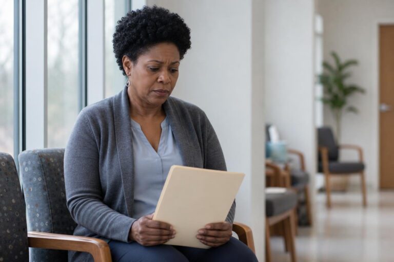 African American woman waits quietly in a clinic for cervical cancer screening.