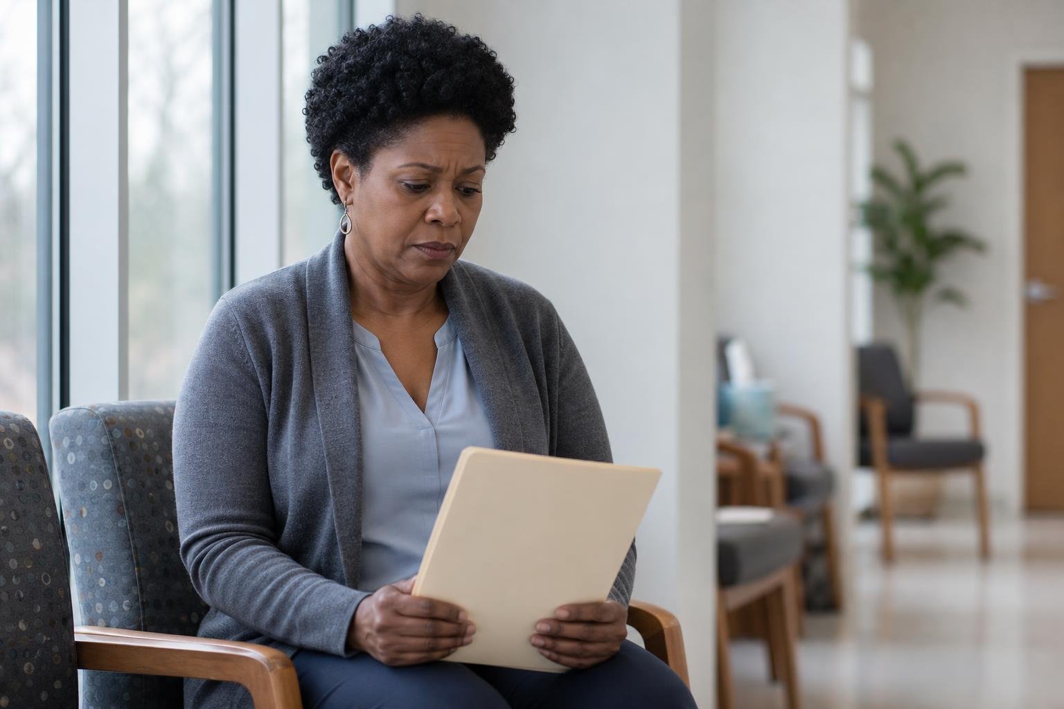 African American woman waits quietly in a clinic for cervical cancer screening.