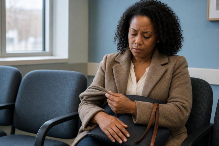 Black woman in a clinic waiting area examines her coat sleeve, concerned about chemical exposure and fertility.