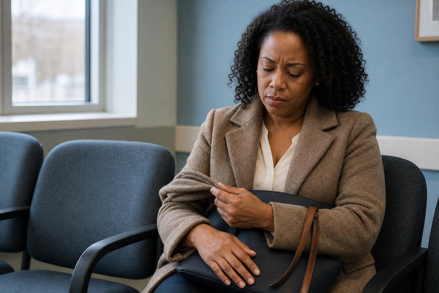 Black woman in a clinic waiting area examines her coat sleeve, concerned about chemical exposure and fertility.