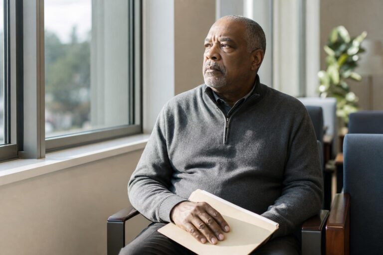 Black man considers cholesterol and heart disease risk while waiting alone at a clinic.