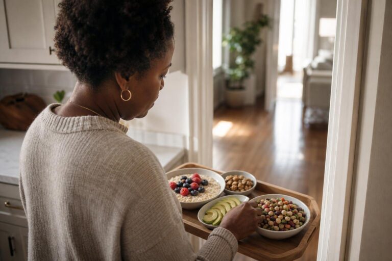 Woman arranges cholesterol-lowering foods including oats, berries, walnuts, avocado and beans.