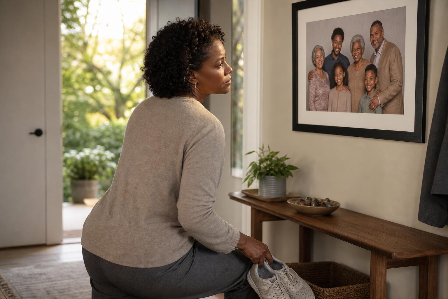 Over-the-shoulder view of a woman considering cholesterol risk before a morning walk.