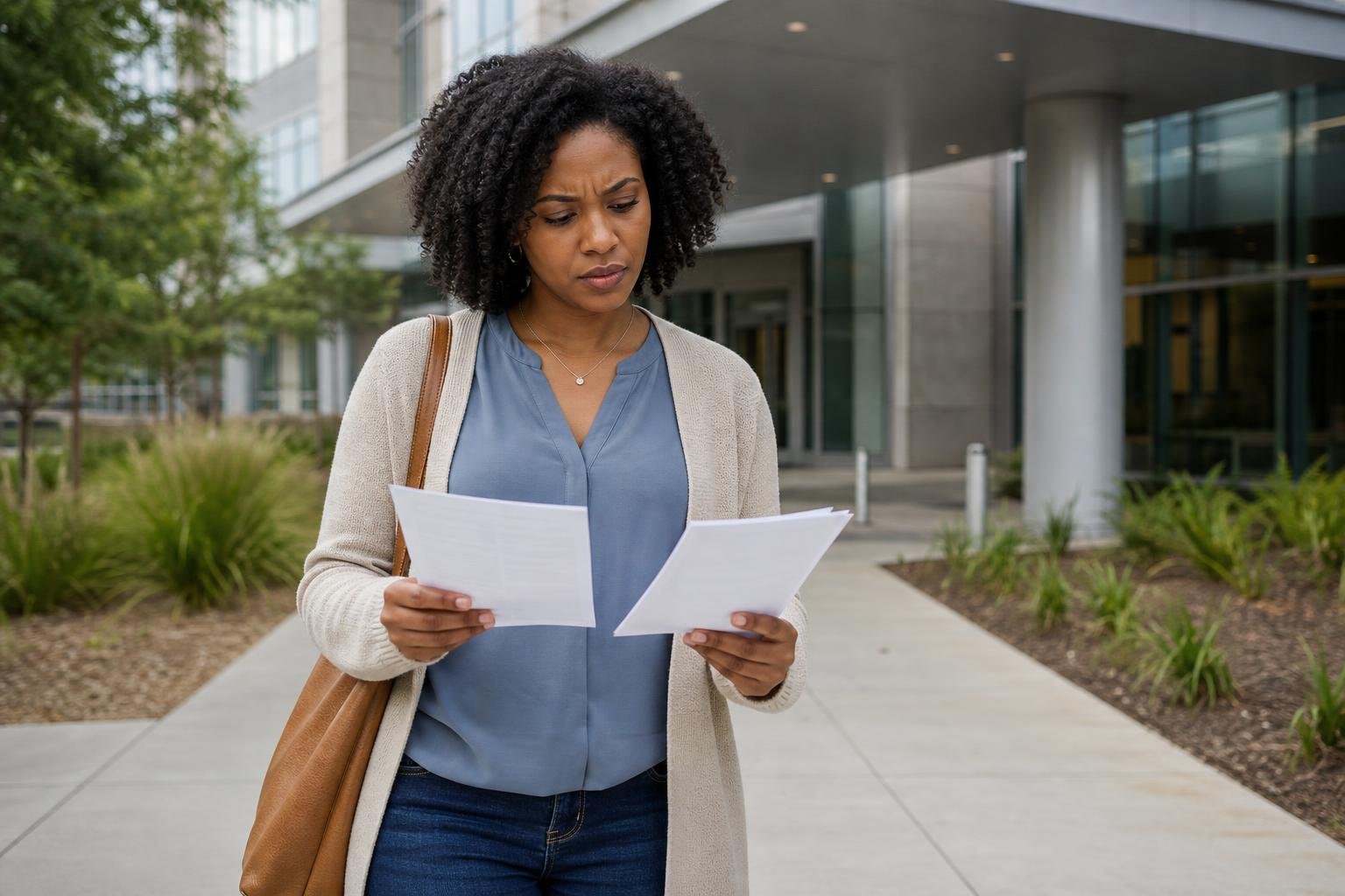 A thoughtful woman compares referral pages outside a clinic while choosing a doctor.