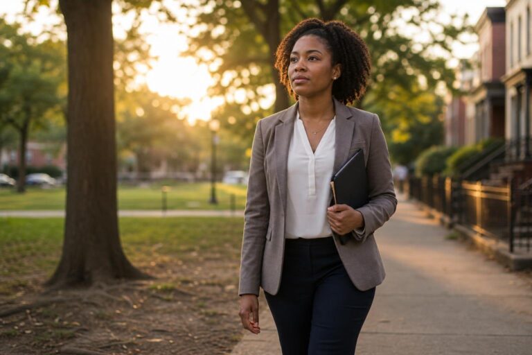 Black physician-researcher walking near a park after clinical trials community outreach.