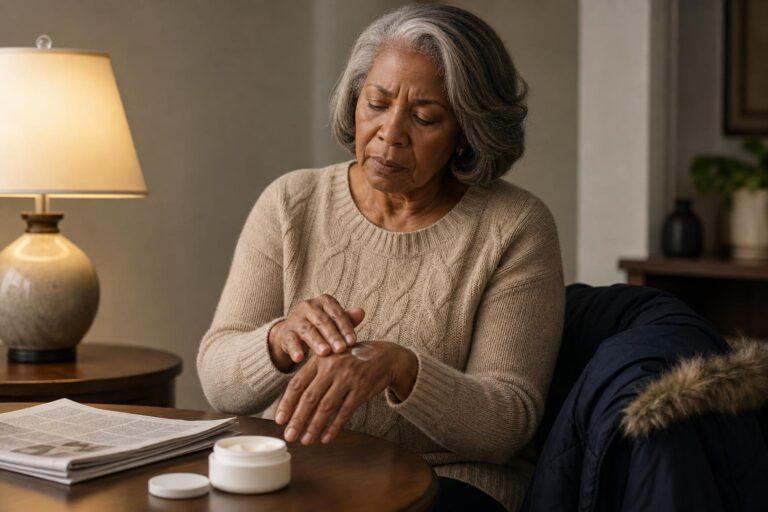 Older woman applies hand moisturizer for cold weather beauty care at a lamp-lit table.