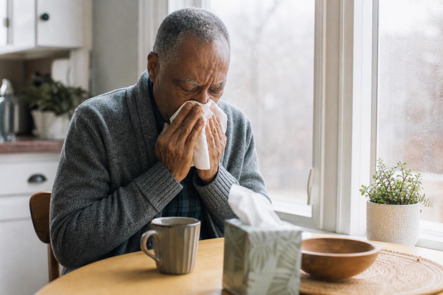 A worried older Black man with a tissue by a kitchen window during a common cold.